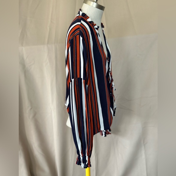 TULAROSA STRIPED SLEEVE ORANGE BLUE WHITE TIE FRONT BLOUSE LARGE - Picture 3 of 4